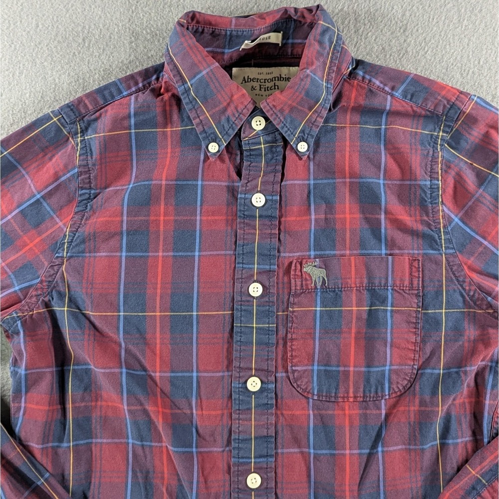 Abercrombie & Fitch Mens Muscle Fit Plaid Button Down Shirt Size S Red Blue